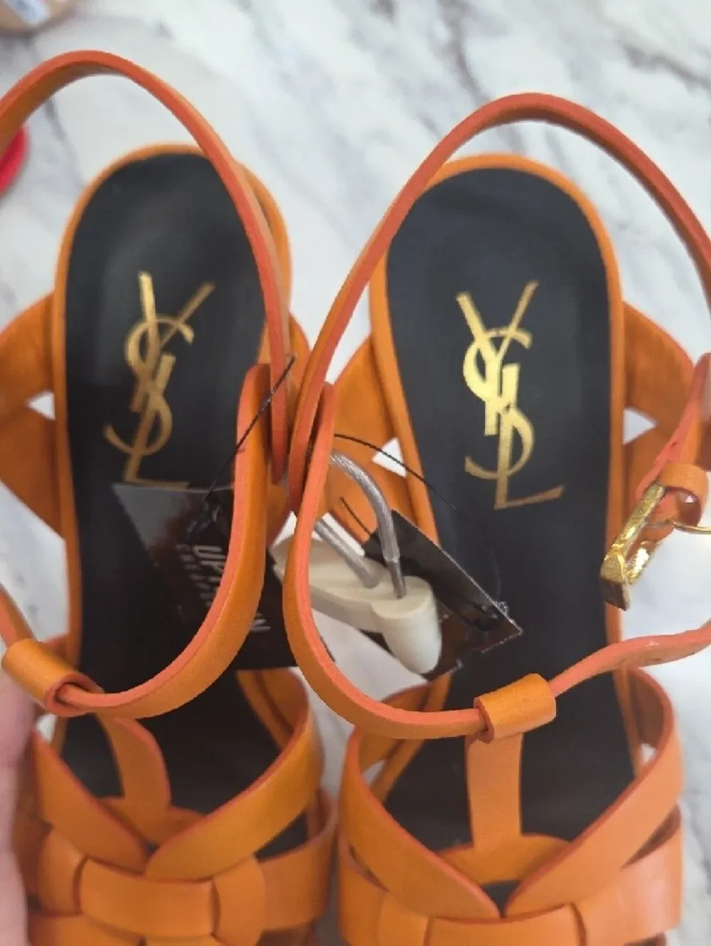 Yves Saint Laurent Orange Platform T-Strap Stiletto Sandals